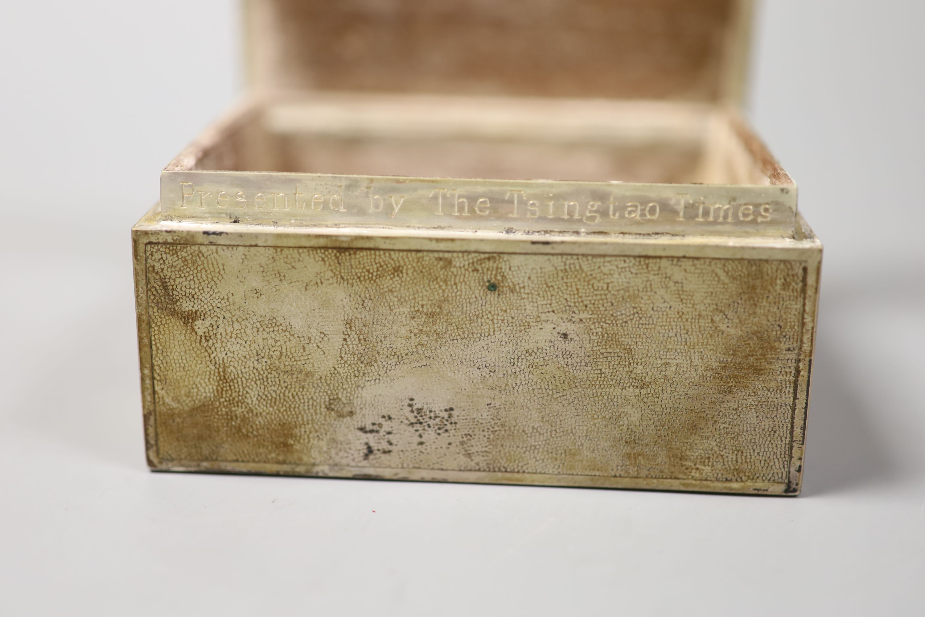 An early 20th century Chinese Export mounted white metal cigarette box by Tuck Chang, 10.3cm.